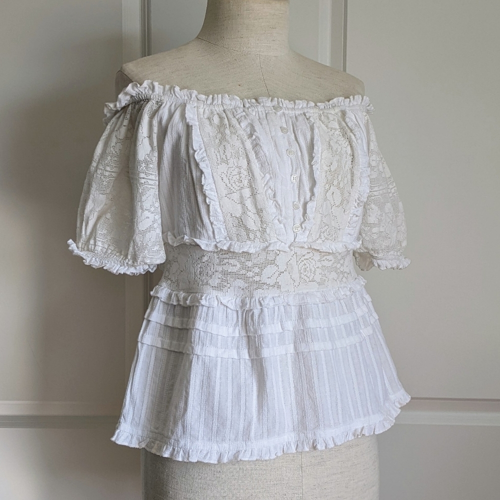 Love Sam Top Off Shoulder Short Sleeve Lace Ruffle Trim Semi-Sheer White M NWT